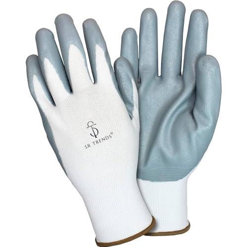 SR TRENDS Safety Gloves - Nylon Nitrile Coated Industrial & Home Cut Resistant Hand Gloves (GREY/WHITE, PACK OF 12 PAIRS) - Image 1