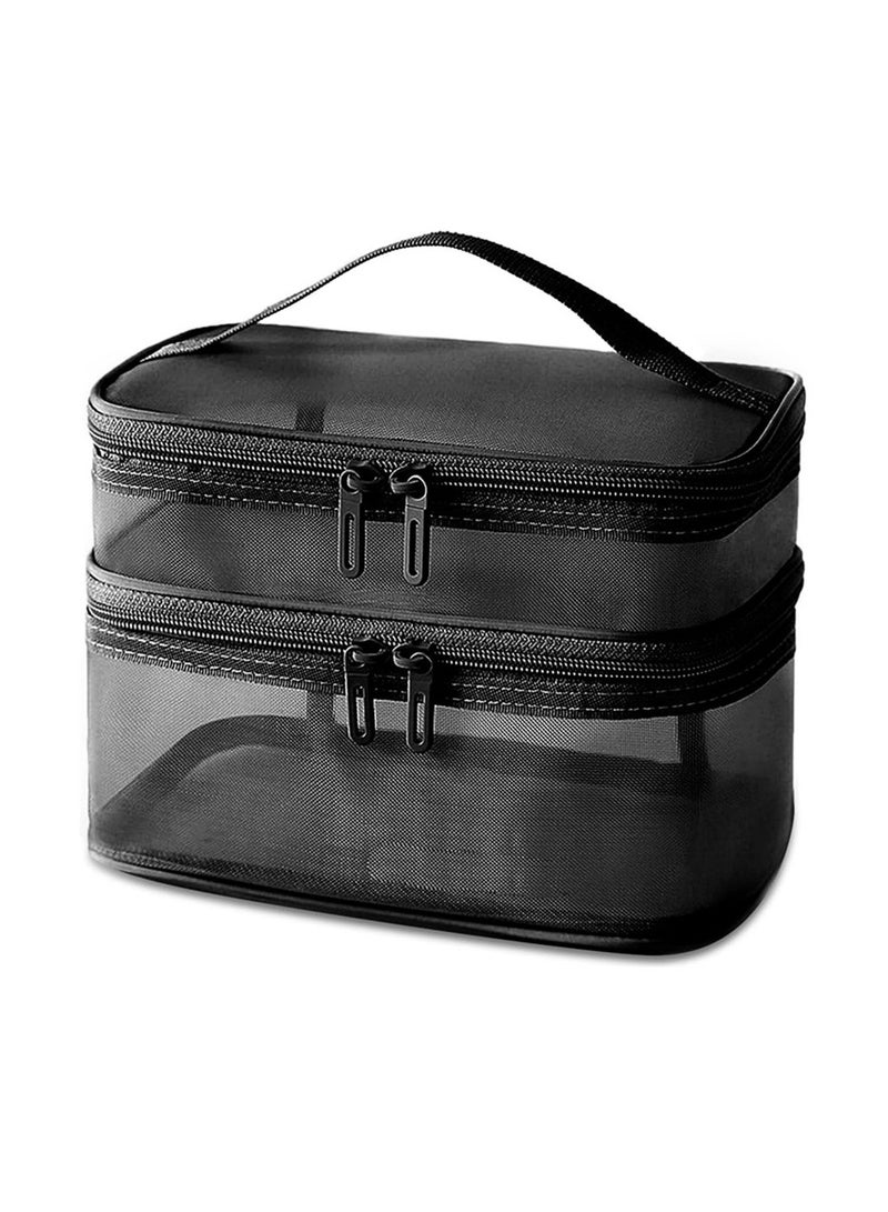 Double Layer Cosmetic Bag,Travel Toiletry Bag Large Capacity Mesh Makeup Bag with Brush Compartment and Handle Cosmetic Bags - Image 1
