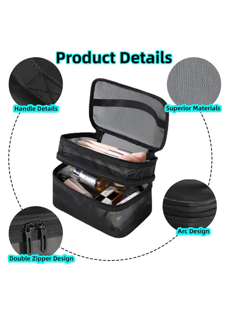 Double Layer Cosmetic Bag,Travel Toiletry Bag Large Capacity Mesh Makeup Bag with Brush Compartment and Handle Cosmetic Bags - Image 2