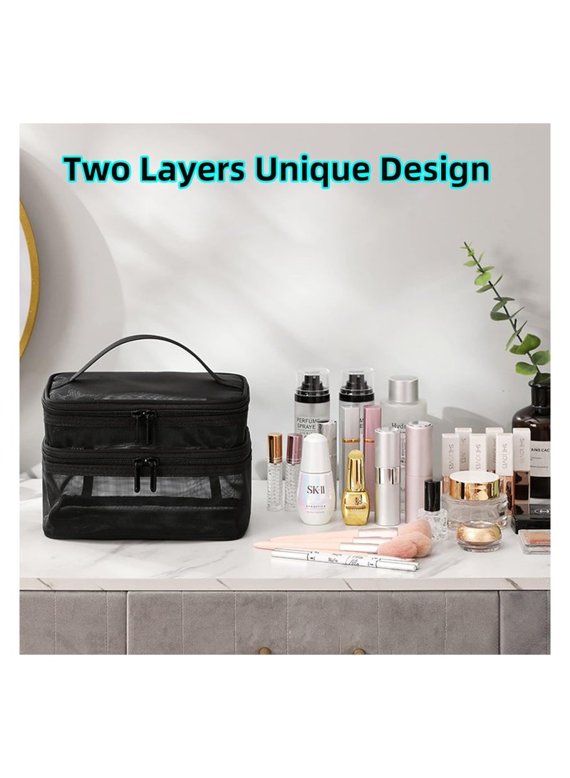 Double Layer Cosmetic Bag,Travel Toiletry Bag Large Capacity Mesh Makeup Bag with Brush Compartment and Handle Cosmetic Bags - Image 3