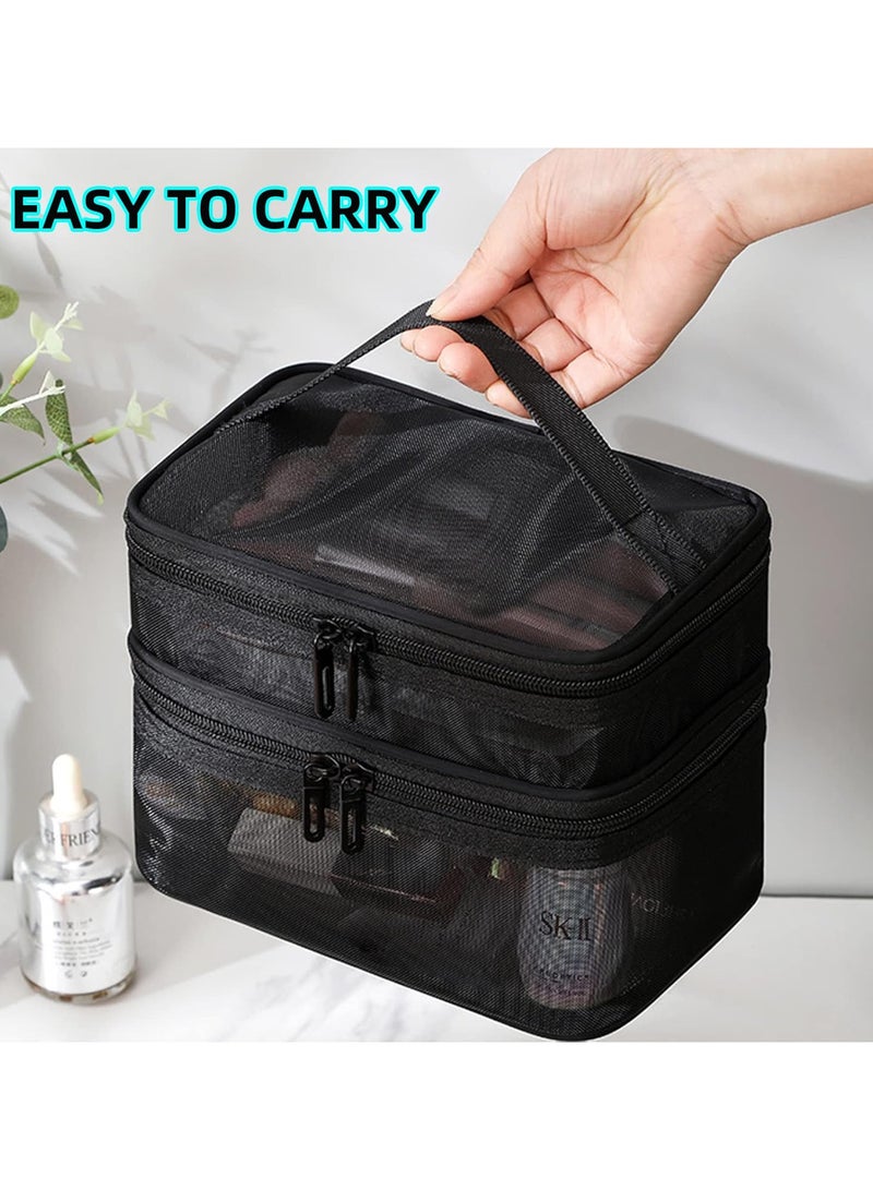 Double Layer Cosmetic Bag,Travel Toiletry Bag Large Capacity Mesh Makeup Bag with Brush Compartment and Handle Cosmetic Bags - Image 4