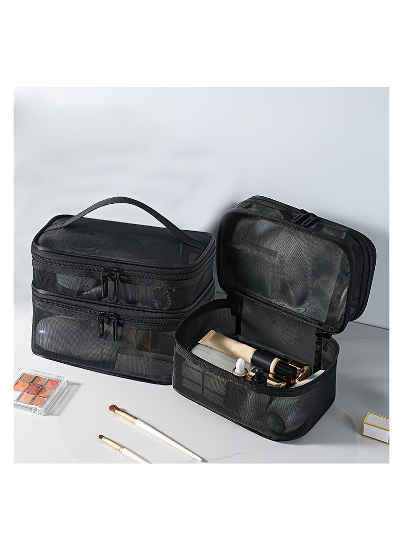 Double Layer Cosmetic Bag,Travel Toiletry Bag Large Capacity Mesh Makeup Bag with Brush Compartment and Handle Cosmetic Bags - Image 5