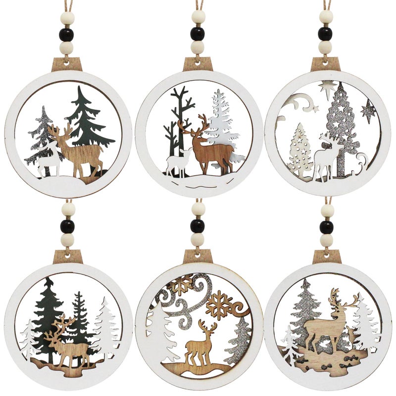 JOIEDOMI 6 Pcs Christmas Wooden Ornaments Christmas Farmhouse Rustic Reindeer Hanging Wood Ornaments for Winter Holiday Indoor Decor Xmas Tree Decorations