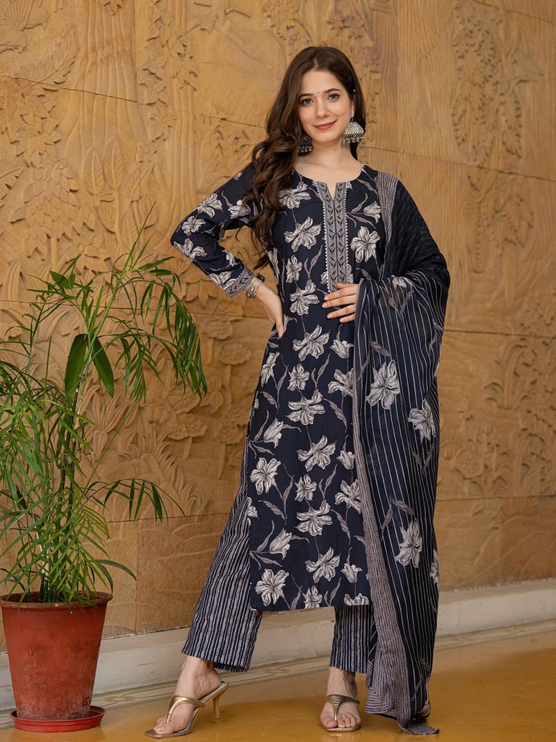 Vaamsi Women's Floral Straight Printed Kurta Pant With Dupatta Set (VKSKD2267_L_Black) - Image 2