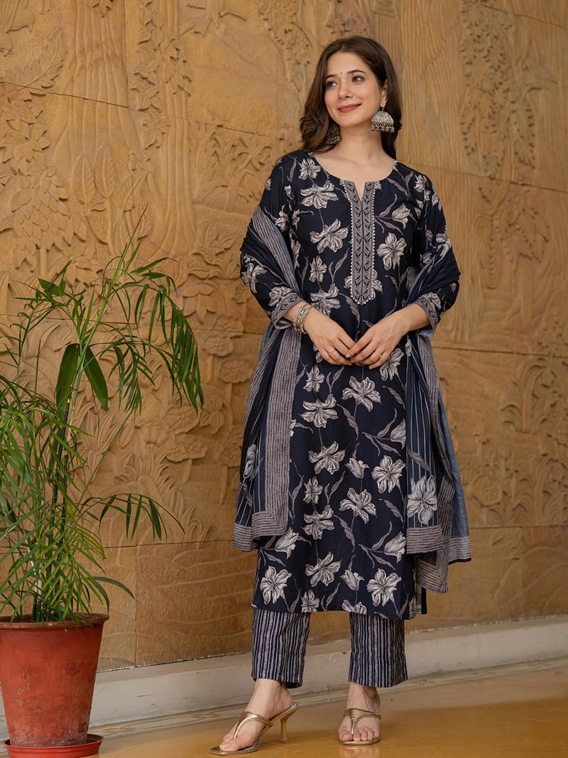 Vaamsi Women's Floral Straight Printed Kurta Pant With Dupatta Set (VKSKD2267_L_Black) - Image 3