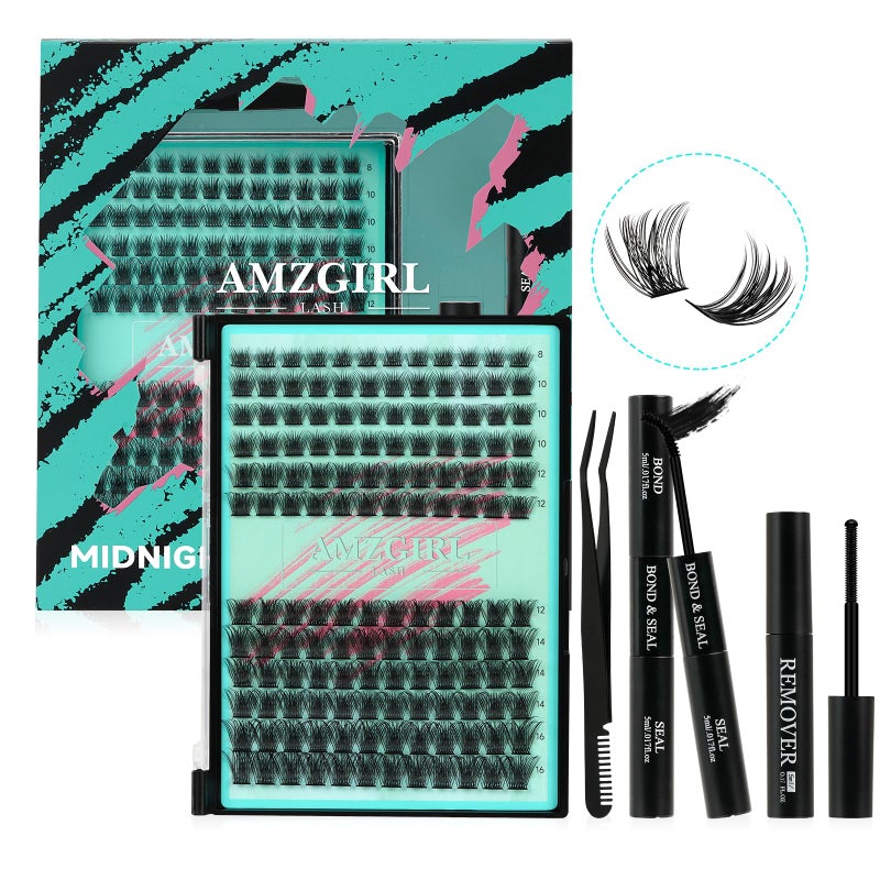 AMZGIRL LASH Midnight DIY Lash Extension Kit 144 pcs Eyelash Clusters Kit Lash Bond and Seal Lash Glue Remover and Applicator for Individual False Eyelashes Kit Lash ExtensionsDMix 816mm Kit