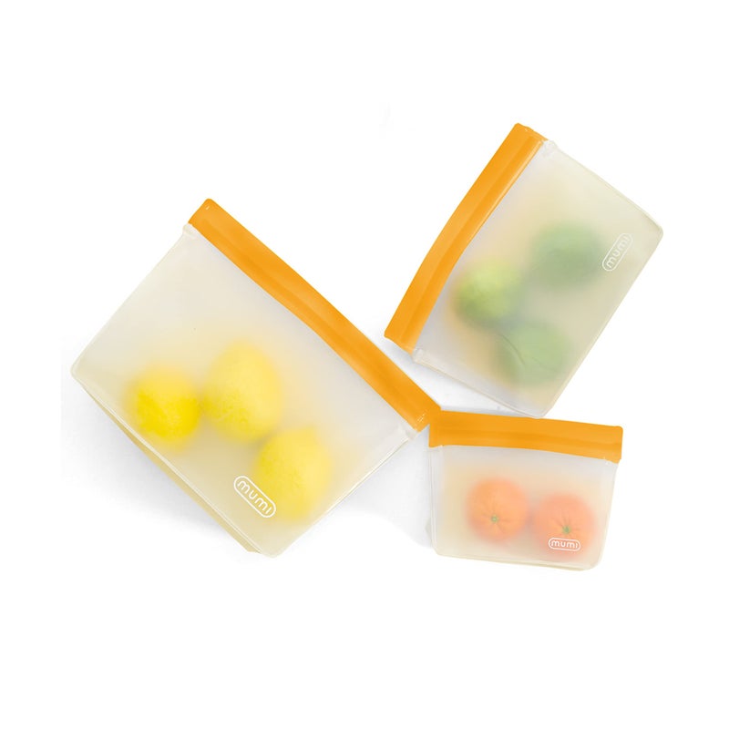 MUMI Piccolo Reusable Zip Up Bags Set of 3 Silicone Ziplock Bag Reusable Ziploc Bags for Food Storage Freezer Snacks BPAFree Airtight Silicone Storage Bag for Travel Meal Prep Orange
