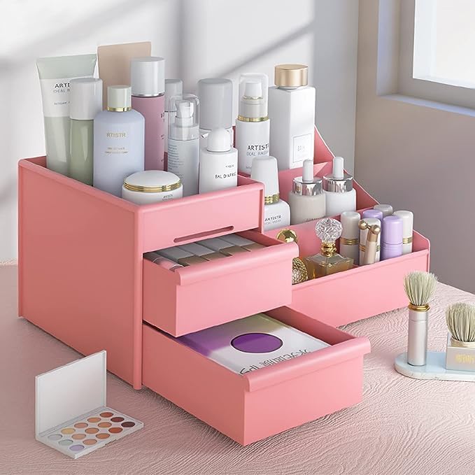 Qshare Cosmetic Organizer Box of Plastic with 2-Drawer & Compartments - Cosmetics Organizer Plastic Box for Women & Perfect for Home and Office, Use For Countertop Cosmetics Display Case Holder (Pink) - Image 2