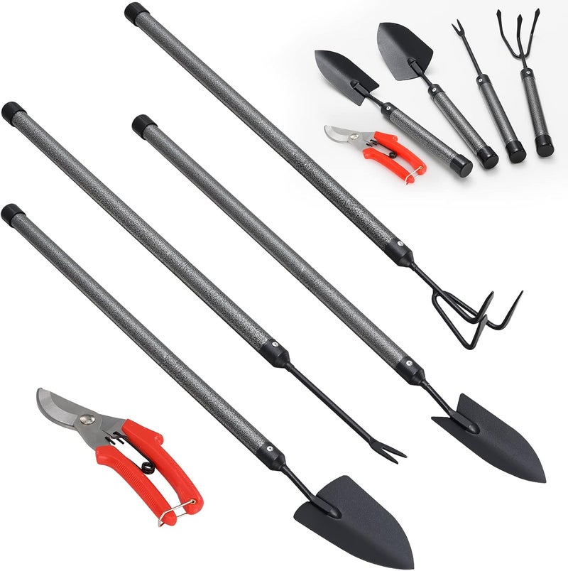 INFLATION Garden Tool Set,5 Pieces Gardening Tools with Adjustable Length Handle,Heavy Gardening Kit Including ,Large Trowel, Small Trowel, Hand rake, Weeder, Pruning Shears - Image 1