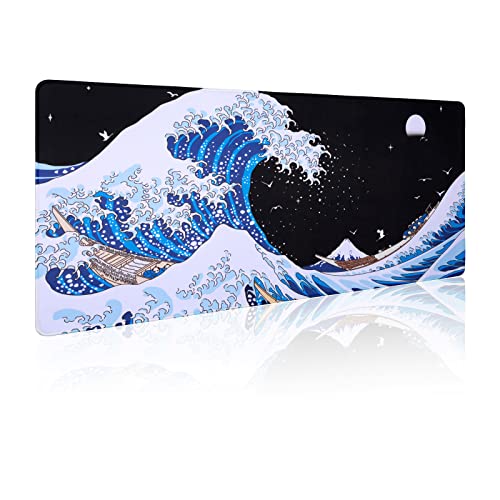 Funacola Sea Wave Japanese Art Mouse Pad Gaming XL Large Desk Mat Long Extended Mousepad Big Table Pads Keyboard Mats for Office Home Gamer 31.5 X 11.8 Inches - Image 1