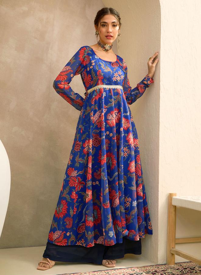 SASSAFRAS Blue Floral Scoop Neck Anarkali Kurta - Image 1