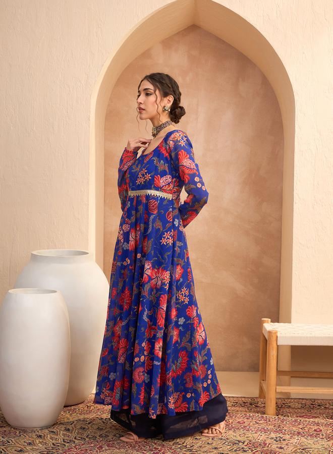 SASSAFRAS Blue Floral Scoop Neck Anarkali Kurta - Image 3