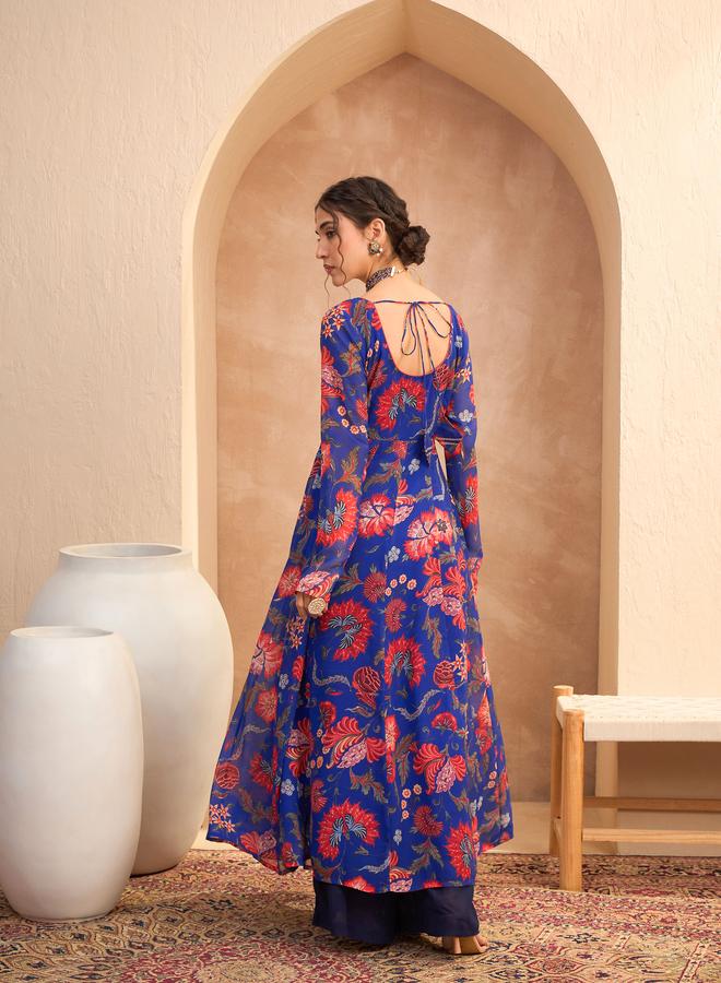SASSAFRAS Blue Floral Scoop Neck Anarkali Kurta - Image 5