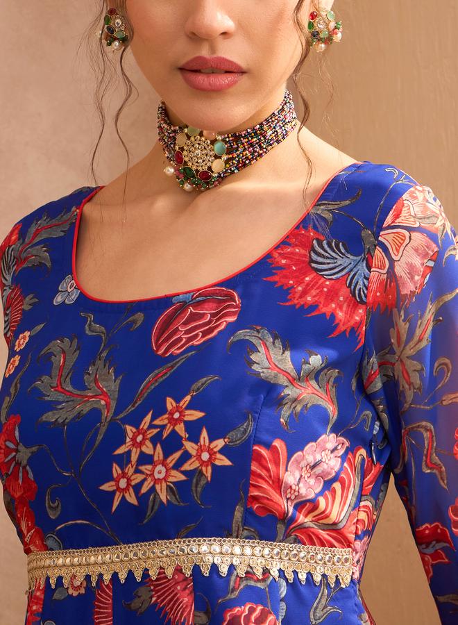 SASSAFRAS Blue Floral Scoop Neck Anarkali Kurta - Image 4