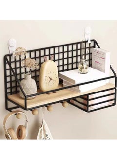 KYD Wall Mounted Storage Rack Floating Shelf with 4 Hooks,Metal Wire Wall Shelf Wood Storage Racks Home Decoration for Living Room,Bedroom,Metal Shelf for Paper,Book  - Image 1