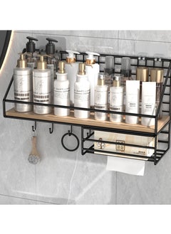 KYD Wall Mounted Storage Rack Floating Shelf with 4 Hooks,Metal Wire Wall Shelf Wood Storage Racks Home Decoration for Living Room,Bedroom,Metal Shelf for Paper,Book  - Image 2