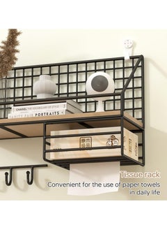 KYD Wall Mounted Storage Rack Floating Shelf with 4 Hooks,Metal Wire Wall Shelf Wood Storage Racks Home Decoration for Living Room,Bedroom,Metal Shelf for Paper,Book  - Image 5