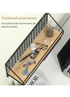 KYD Wall Mounted Storage Rack Floating Shelf with 4 Hooks,Metal Wire Wall Shelf Wood Storage Racks Home Decoration for Living Room,Bedroom,Metal Shelf for Paper,Book  - Image 4