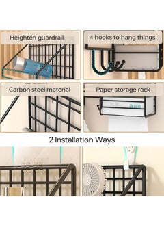 KYD Wall Mounted Storage Rack Floating Shelf with 4 Hooks,Metal Wire Wall Shelf Wood Storage Racks Home Decoration for Living Room,Bedroom,Metal Shelf for Paper,Book  - Image 3