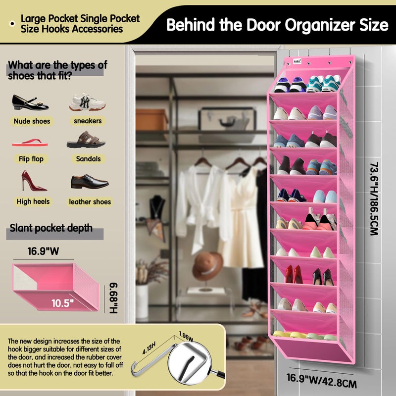 Kotkn 10 Tier Over The Door Organizer - Heavy Duty Hanging Storage Rack with Sturdy Oxford Fabric, Holds 20+ Pairs of Footwear, Boots & Sneakers, Saves 50% Closet Space! (Pink) - Image 2