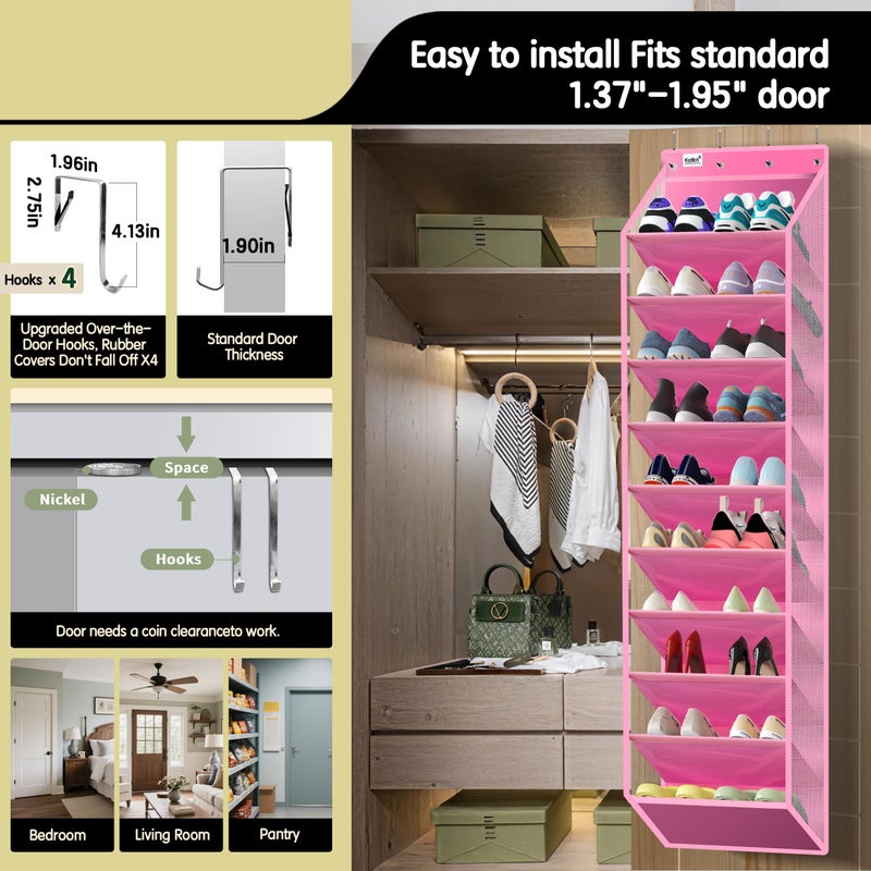 Kotkn 10 Tier Over The Door Organizer - Heavy Duty Hanging Storage Rack with Sturdy Oxford Fabric, Holds 20+ Pairs of Footwear, Boots & Sneakers, Saves 50% Closet Space! (Pink) - Image 4