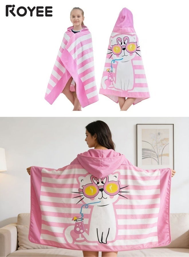 Royee Kids Bath Hooded Towel Fit Girls And Boys Super Absorbent Cute Cartoon Animal Printed (Pink Cat) - Image 3
