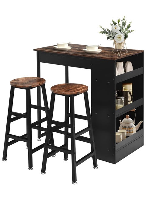 Table and Chairs Set Wooden Counter Height Table Set with 2 Stools, Industrial Table Set with 3 Tier Adjustable Storage Shelves