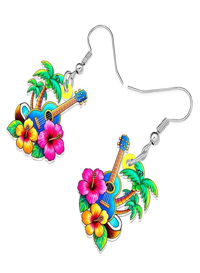 DUOWEI Cute Tropical Hawaiian Dangle Earrings Acrylic Ukulele Palm Tree Design with Hibiscus Flowers Unique Beach Theme Summer Jewelry Gifts for Women Beach Lovers (Colorful) - Image 3