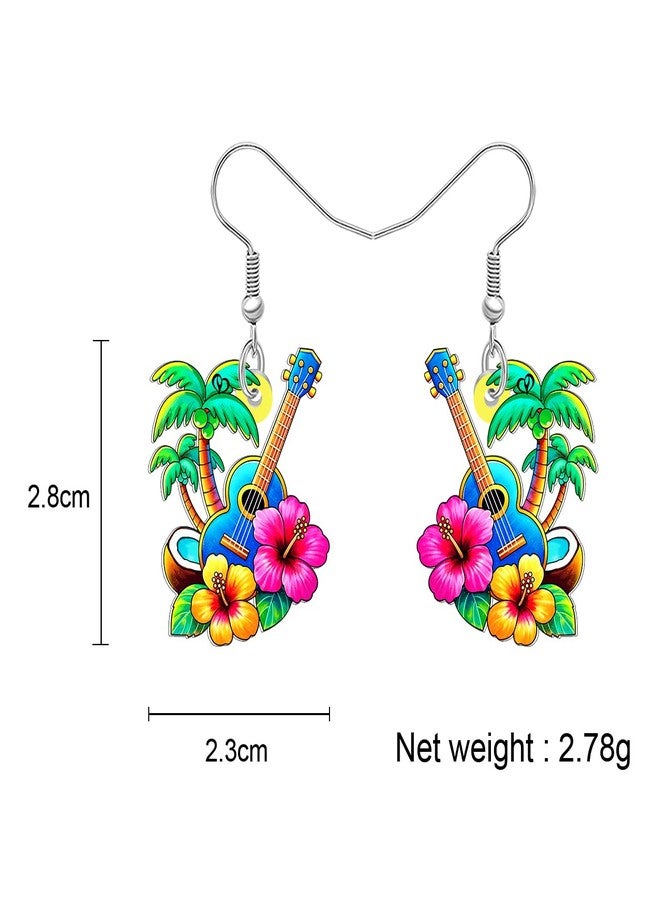 DUOWEI Cute Tropical Hawaiian Dangle Earrings Acrylic Ukulele Palm Tree Design with Hibiscus Flowers Unique Beach Theme Summer Jewelry Gifts for Women Beach Lovers (Colorful) - Image 5