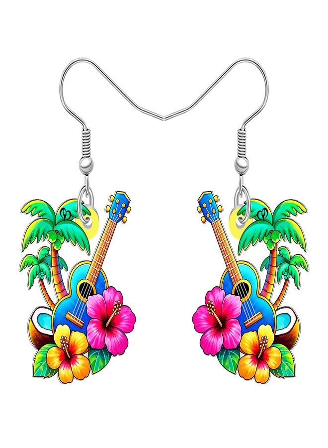 DUOWEI Cute Tropical Hawaiian Dangle Earrings Acrylic Ukulele Palm Tree Design with Hibiscus Flowers Unique Beach Theme Summer Jewelry Gifts for Women Beach Lovers (Colorful) - Image 1