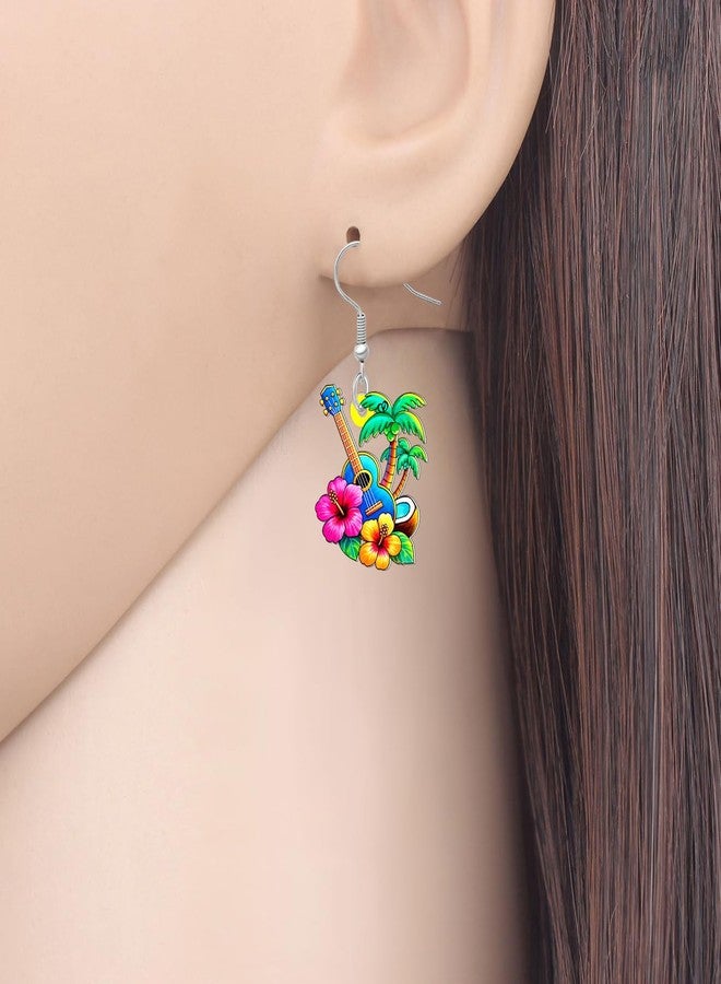 DUOWEI Cute Tropical Hawaiian Dangle Earrings Acrylic Ukulele Palm Tree Design with Hibiscus Flowers Unique Beach Theme Summer Jewelry Gifts for Women Beach Lovers (Colorful) - Image 2