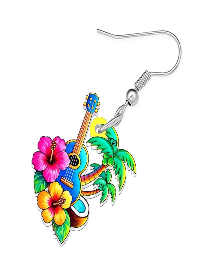 DUOWEI Cute Tropical Hawaiian Dangle Earrings Acrylic Ukulele Palm Tree Design with Hibiscus Flowers Unique Beach Theme Summer Jewelry Gifts for Women Beach Lovers (Colorful) - Image 4