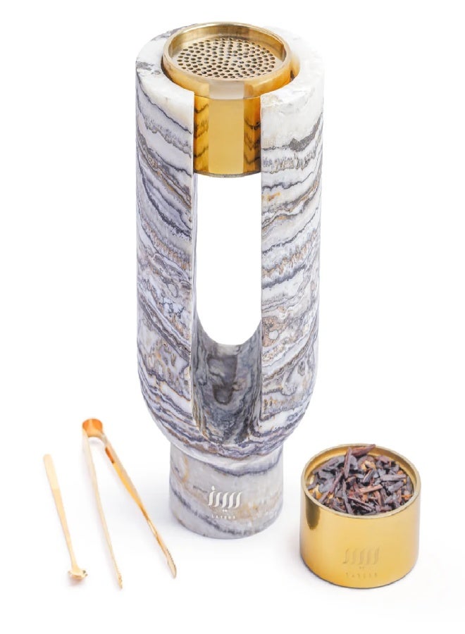 Layers Ofra (Jurassic Travertine) Large Incense Burner / Candle Holder – Natural Travertine – Gold Candle - Image 1