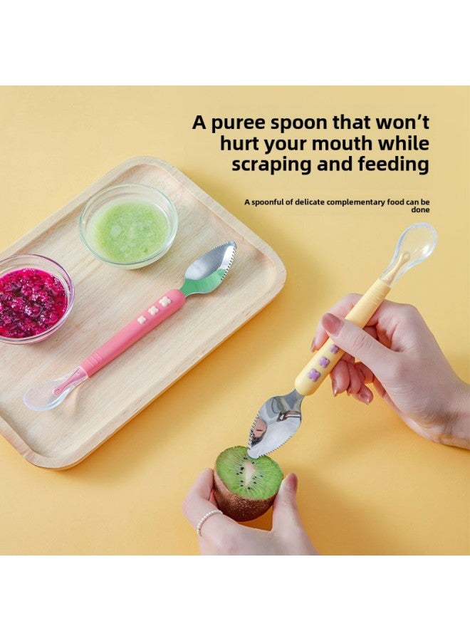 Baby Fruit Scraping Spoon Storage Box Set Baby Food Supplement Double-head Dual-purpose Fruit Spoon 304 Stainless Steel-Color:Colo Mei + Storage Box - Image 2