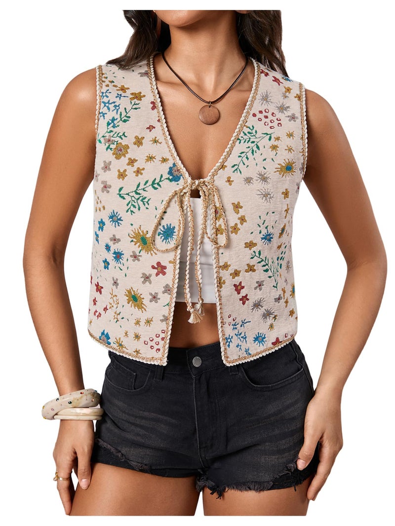 SweatyRocks Women's Floral Embroidered Tie Front Crop Vest Tops Boho Country Concert Cowgirl Western Outfits Apricot X-Large - Image 2
