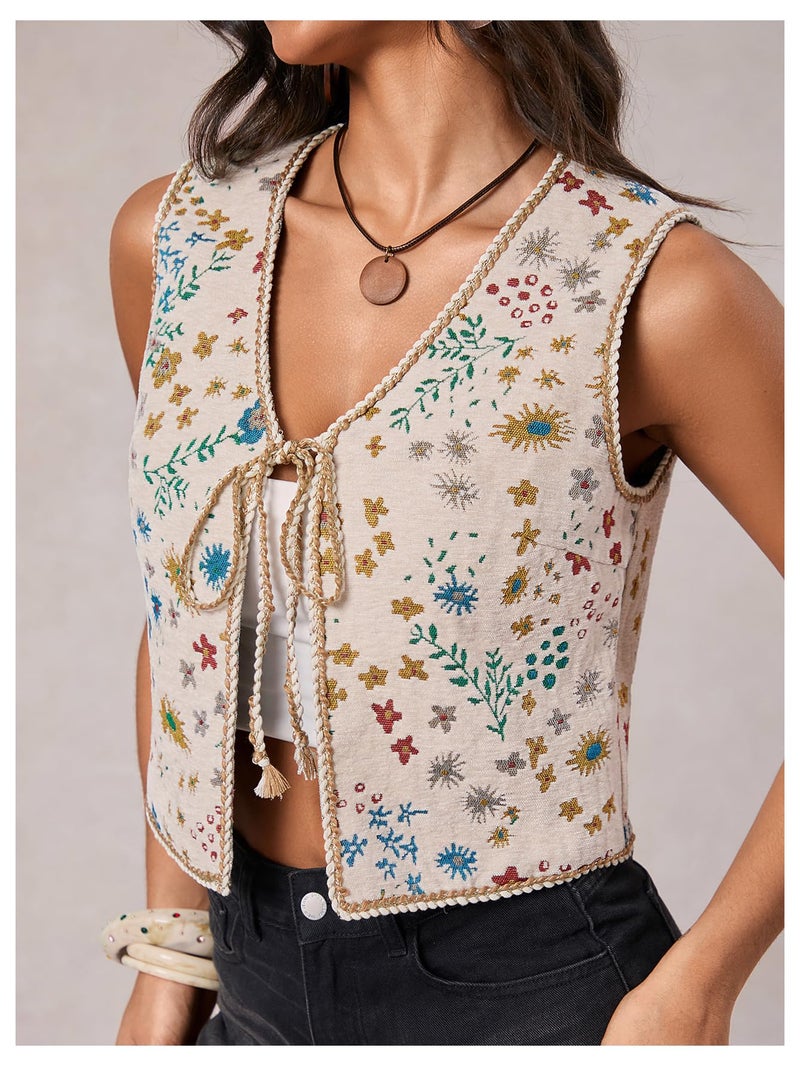 SweatyRocks Women's Floral Embroidered Tie Front Crop Vest Tops Boho Country Concert Cowgirl Western Outfits Apricot X-Large - Image 4