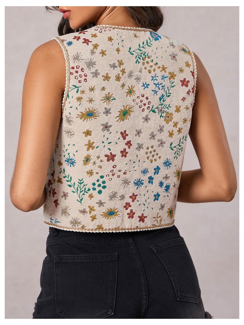SweatyRocks Women's Floral Embroidered Tie Front Crop Vest Tops Boho Country Concert Cowgirl Western Outfits Apricot X-Large - Image 3