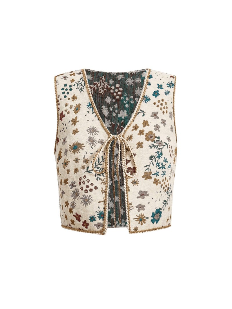 SweatyRocks Women's Floral Embroidered Tie Front Crop Vest Tops Boho Country Concert Cowgirl Western Outfits Apricot X-Large - Image 1