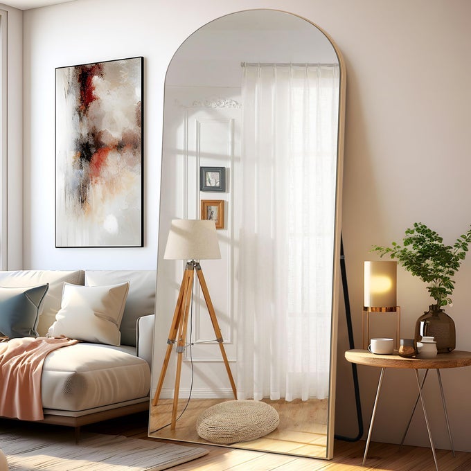 ARCHED FULL LENGTH MIRROR 71X32FULL BODY MIRROR WOODEN THIN FRAME HANGING OR LEANING AGAINST WALL OVERSIZED LARGE BEDROOM MIRROR FLOOR MIRROR DRESSING MIRROR GOLD