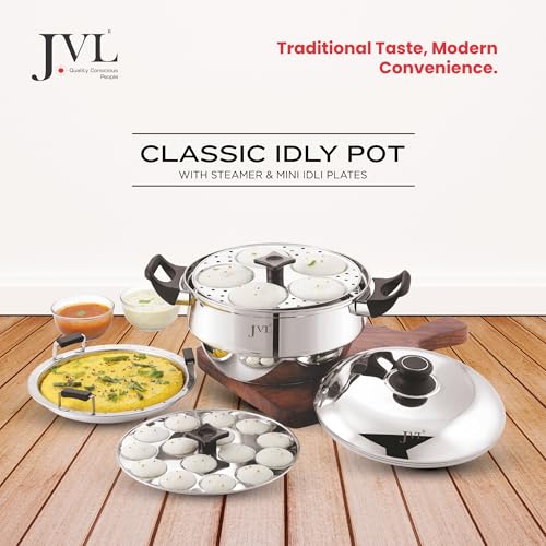 JVL 4-in-1 Classic Idly Pot with Tri-Ply Base, Idly & Mini Idly Maker, Steamer, Converts to Deep Kadai, Cool-Touch Handles, Stainless Steel, Induction Compatible (8 Idlies, 1 Mini Idly) - Image 2