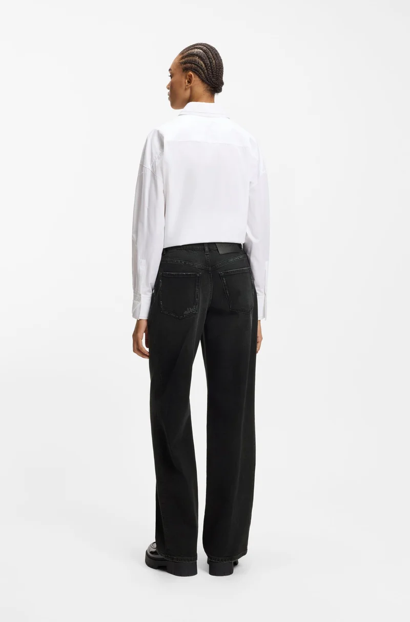 هوجو جينز واسع الساقين من دنيم مريح قابل للتمدد باللون الأسود