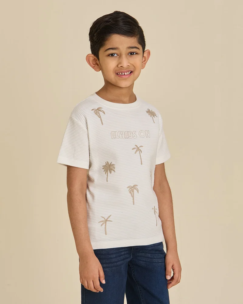REDTAG Boys Ivory Embroidered T-Shirt