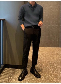 Cool Tarz Cool Style Smoke Color Men's Polo Collar Ribbed Knitwear Sweater  - Image 2