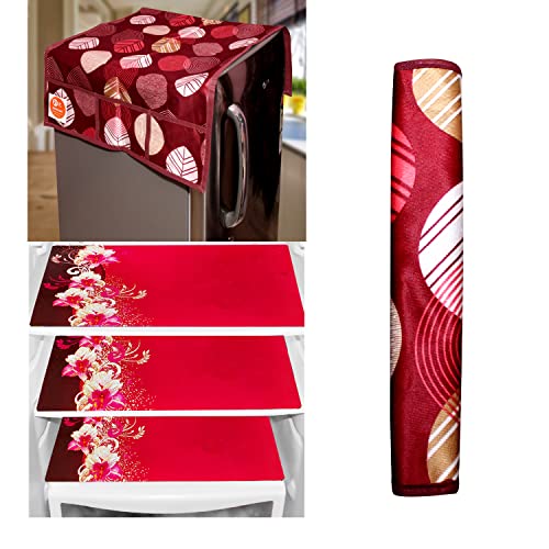 KANUSHI Industries® 1Pc Fridge Cover for Top with 6 Utility Pockets + 1 Handles Covers + 3 Fridge Mats (VAR-FRI-LONG-LEVS-MAROON-COMBO-M-23) - Image 1