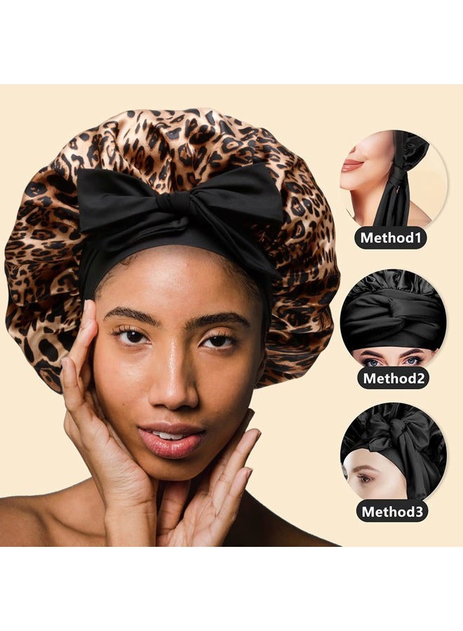 SHINEONME غطاء شعر ساتان ناعم، قبعة ليلية لتغطية شعر النساء السود، مع شريط مرن ناعم - غطاء نوم ساتان كبير (نقشة الفهد) - Image 3