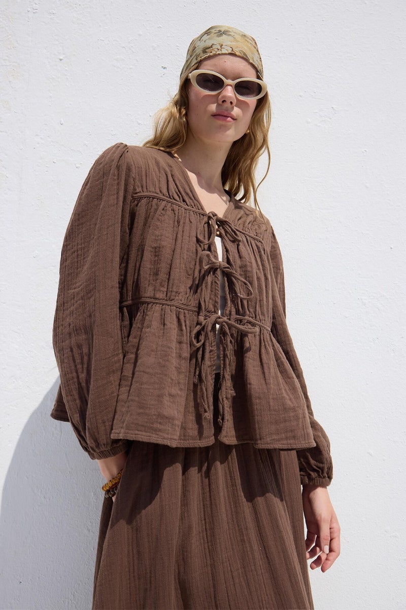 Manuka Muslin Blouse with Tie Detail Brown  - Image 1