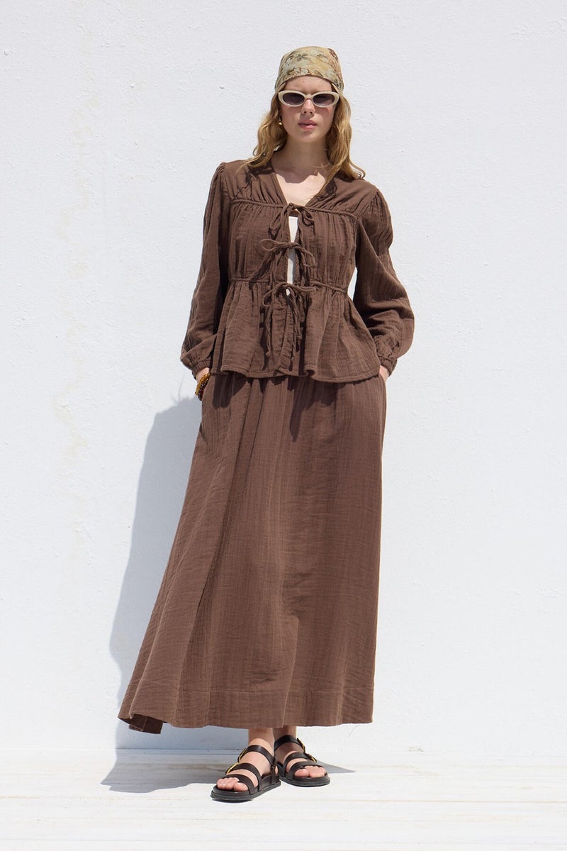 Manuka Muslin Blouse with Tie Detail Brown  - Image 3