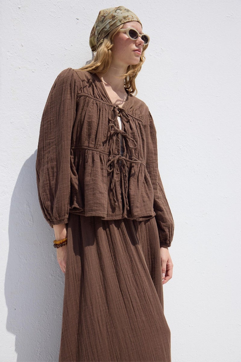 Manuka Muslin Blouse with Tie Detail Brown  - Image 2