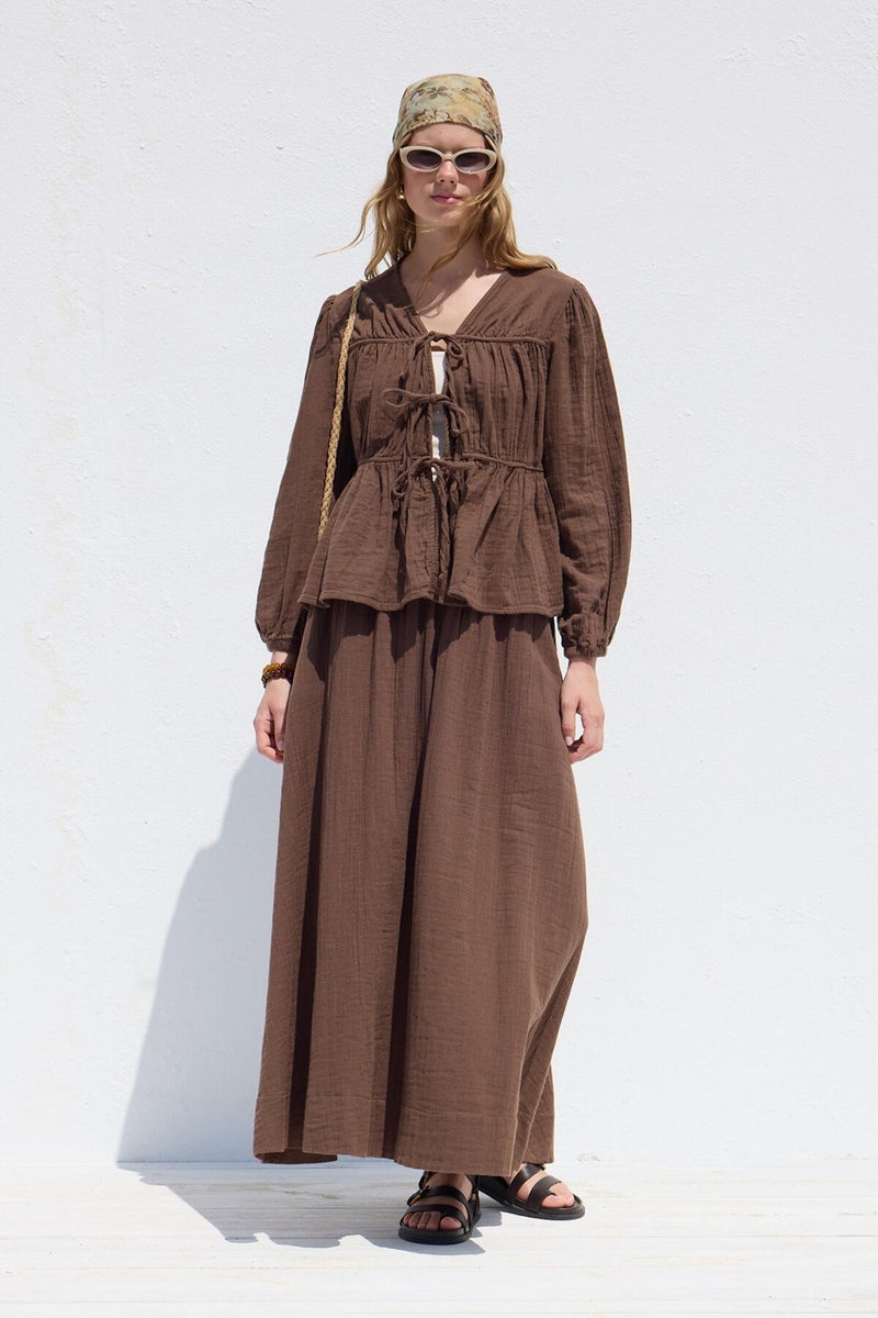 Manuka Muslin Blouse with Tie Detail Brown  - Image 4