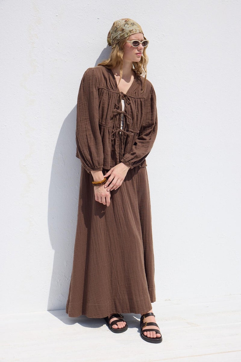 Manuka Muslin Blouse with Tie Detail Brown  - Image 5